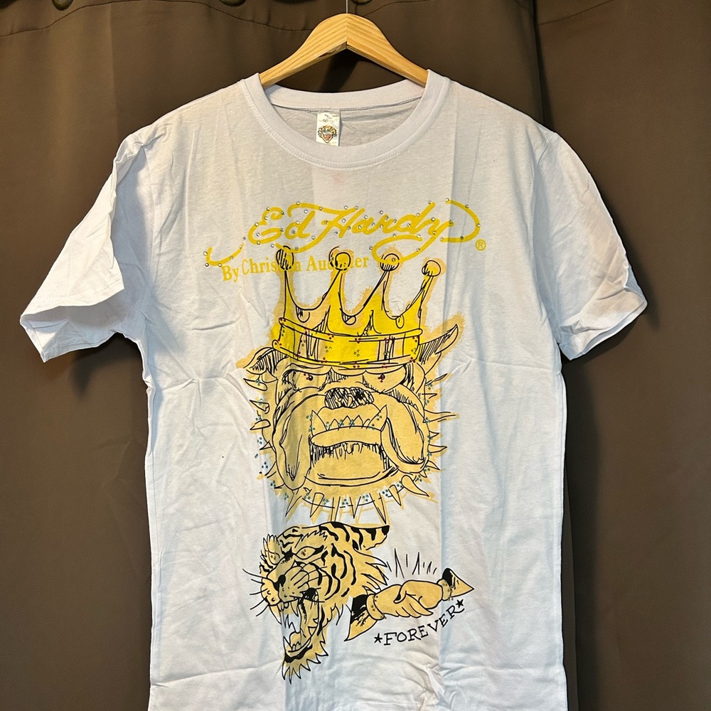 Ed Hardy By Christian Audigier White Tee with Gold Bulldog Graphic